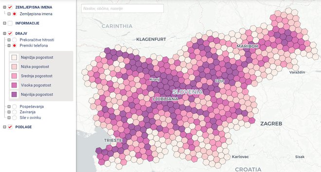 Spletni DRAJV zemljevid kaže višjo pogostost premikov telefona na avtocestah, predvsem na štajerski, primorski in gorenjski avtocesti v smeri Ljubljane. FOTO: Zavarovalnica Triglav