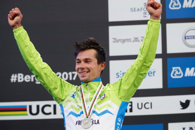 Cycling - UCI Road World Championships - Men Elite Individual Time Trial - Bergen, Norway - September 20, 2017 - Silver medalist Primoz Roglic of Slovenia reacts on the podium. NTB Scanpix/Cornelius Poppe via REUTERS ATTENTION EDITORS - THIS IMAGE WAS PROVIDED BY A THIRD PARTY. NORWAY OUT. NO COMMERCIAL OR EDITORIAL SALES IN NORWAY.