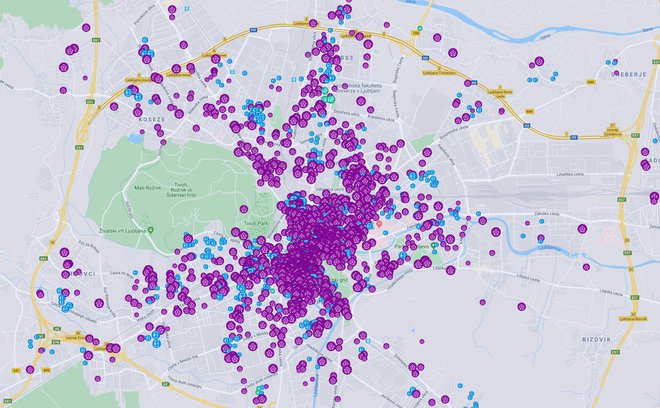 Gostota apartmajev v Ljubljani, ki se oddajajo prek portala Airbnb.