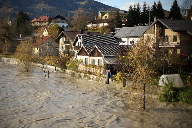 Narasla Drava ob vstopu v Slovenijo pri Dravogradu je ogrožala stanovanjske hiše ob Ribiški poti. FOTO: Jure Eržen