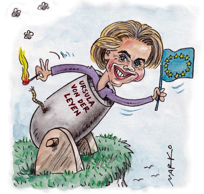 Ursula von der Leyen poskuša Evropo najprej zagnati s pozitivnejšimi toni. Karikatura: Marko Kočevar