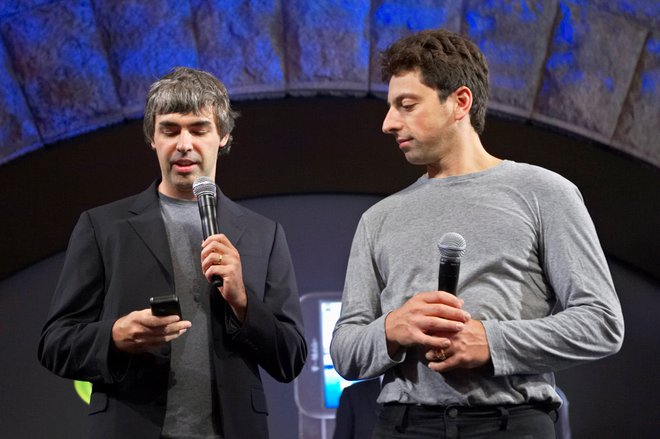 Larry Page in Sergey Brin na predstavitvi nove Googlove programske opreme za pametne telefone Android v New Yorku leta 2008. FOTO: Jacob Silberberg/Reuters