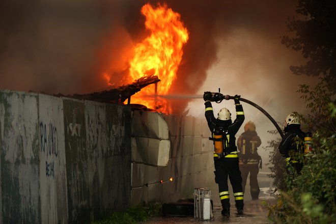 Požar blizu industrijske cone Stegne, na Korotanski cesti. FOTO: Jure Eržen/Delo