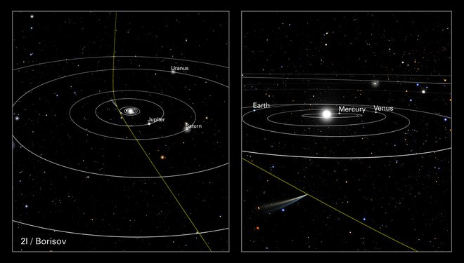 Ilustracija poti Borisova po Osončju, po katerem potuje s hitrostjo 155.000 kilometrov na uro. FOTO: NASA, ESA, J. Olmsted, F. Summer<br />
 