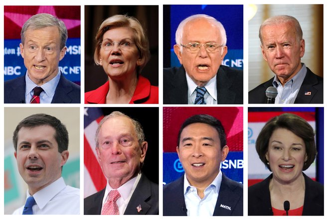 Osem demokratskih kandidatov za predsedniško nominacijo:&nbsp;Tom Steyer, Elizabeth Warren, Bernie Sanders, Joe Biden, Pete Buttigieg, Michael Bloomberg, Andrew Yang in Amy Klobuchar. &nbsp;Photo: Reuters