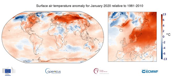 Vizualni prikaz odstopanja letošnjih januarskih temperatur od povprečja 1981&ndash;2010. FOTO: Copernicus Climate Change Service/ECMWF