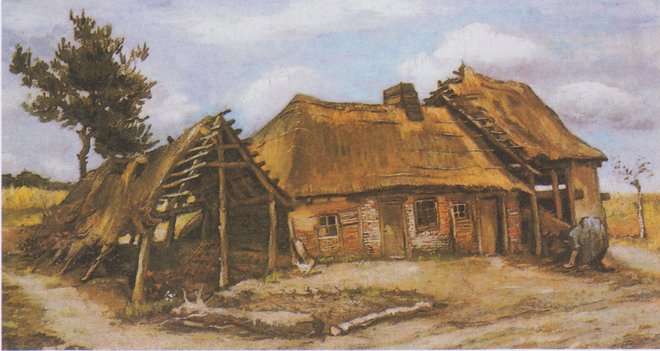 Kmečka hiša s kmetico v modri obleki je najbolj kakovostna v seriji slik, ki jih je van Gogh naslikal v pokrajini Nuenen. Foto wikimedia