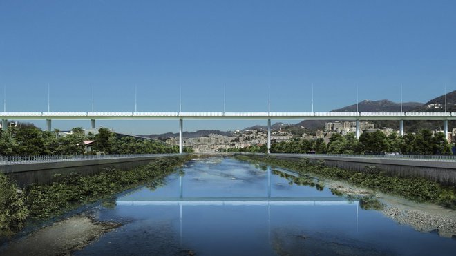 Most čez reko Polcevera arhitekta Renza Piana naj bi odprli aprila prihodnje leto. Podnevi bo zrcalil in absorbiral sončno svetlobo, ponoči jo bo vračal okolici. FOTO: Per Genova
