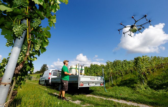 Slovensko kmetijstvo je pri digitalizaciji le nekoliko naprej od začetka. Drugače je v Švici, kjer kmetje za škropljenje vinogradov uporabljajo drone. FOTO Reuters