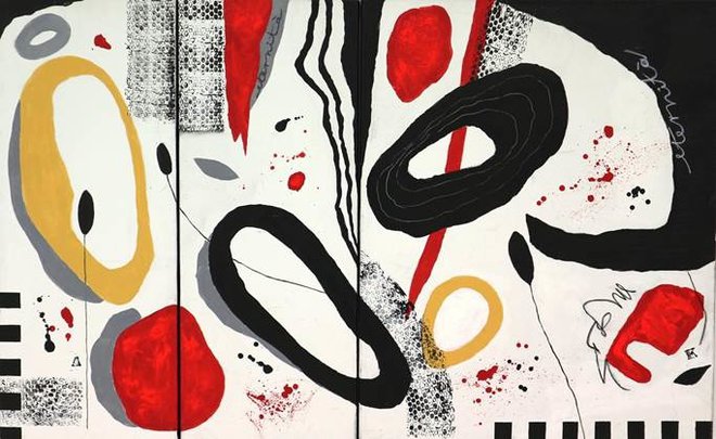 Milena Kafol, Etude, 2018, triptih, akril na platno, 100 x 160 cm. Foto Milena Kafol