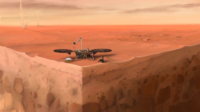 Umetniška upodobitev landerja Insight na Marsu.&nbsp;<br />
FOTO: IPGP/Nicolas Sarter&nbsp;