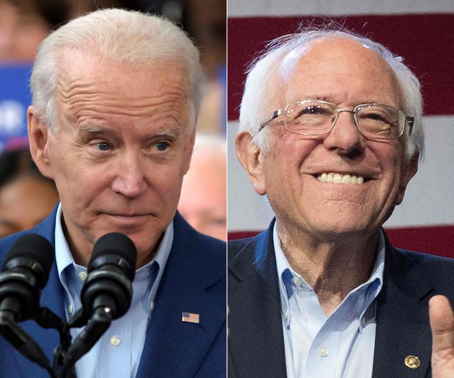 V demokratski predsedniški tekmi se najbolj ogorčeno spopadata Joe Biden in Bernie Sanders. Foto Mark Ralston Afp