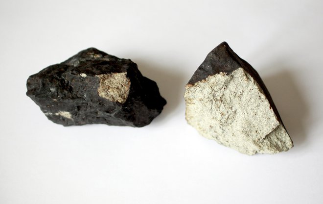 Primerek meteorita z Jesenic. Za meteorite je značilna temna zunanjost in svetla notranjost. FOTO: Roman Šipić/Delo