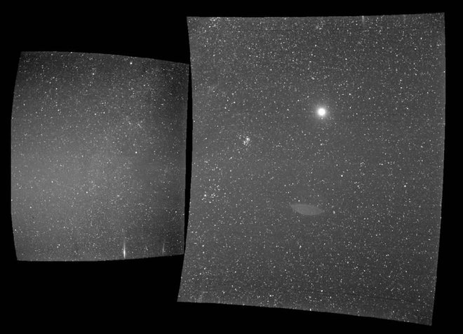 Zemlja je svetleča pika na desni sliki. FOTO: NASA/Naval Research Laboratory/Parker Solar Probe&nbsp;
