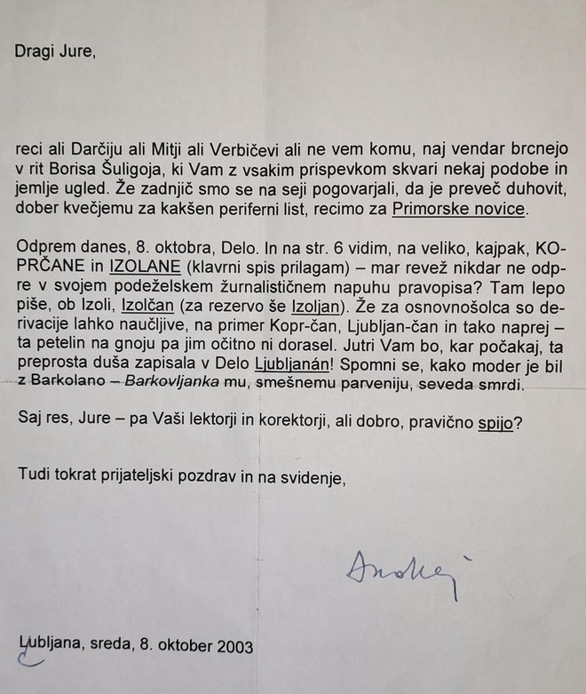 Pismo o Izolanih urednikom Dela leta 2003. FOTO: Boris Šuligoj