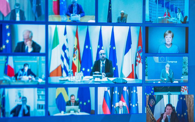 Zaradi koronavirusa je vrh EU moral spet potekati z videokonferenco. FOTO: Palazzo Chigi press office/AFP