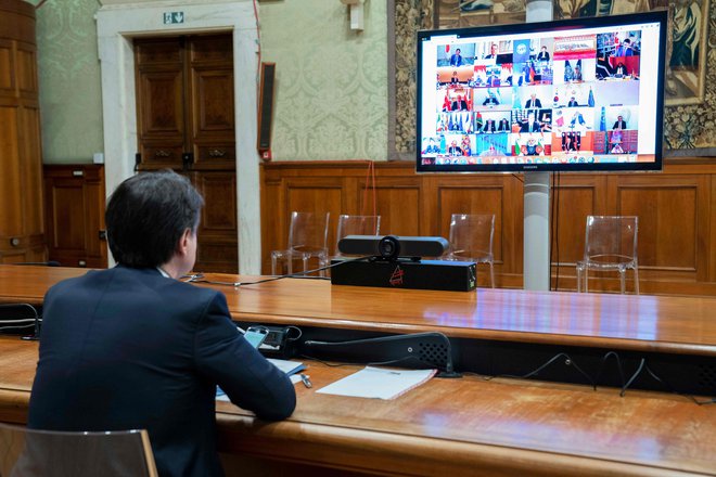 Želje italijanskega premiera <strong>Guiseppa Conteja</strong> na videovrhu EU niso bile uslišane. FOTO: Palazzo Chigi press office/AFP