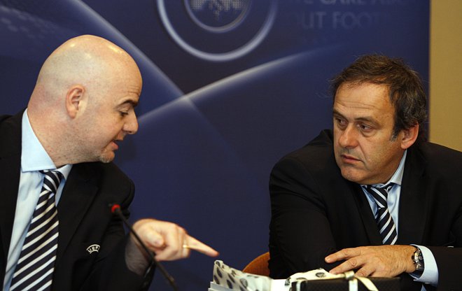 Gianni Infantino in Michel Platini med konferenco po kongresu Uefe marca 2010 v Tel Avivu. FOTO: Reuters