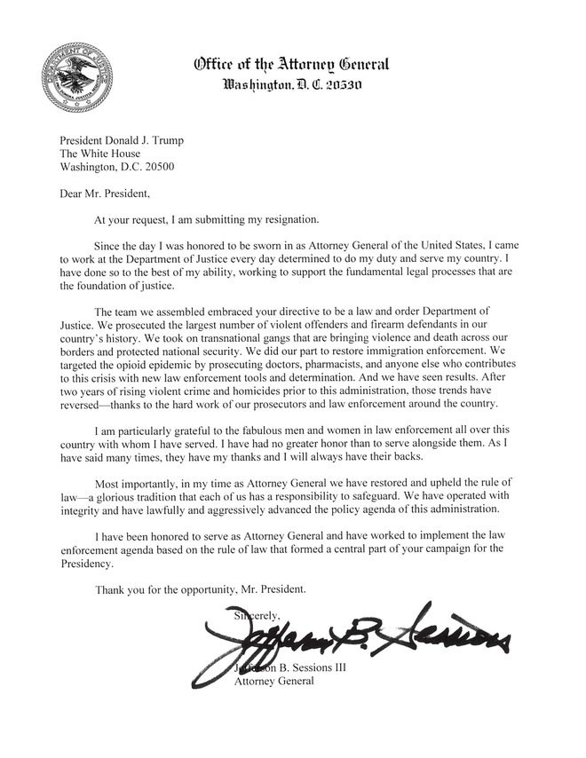 Sessions je svoje eno stran dolgo odstopno pismo predsedniku poslal v sredo. FOTO: Ho/AFP