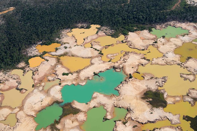 Veliko tropskih gozdov uničijo tudi s kemikalijami, ki jih uporabljajo pri ilegalnem rudarjenju, kot na posnetku iz Peruja. FOTO: Cris Bouroncle/AFP