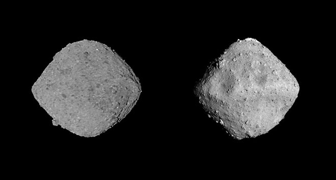 Bennu in Rjugu imata podobno obliko in sestavo, prvi pa je pol manjši od drugega. FOTO: Nasa, Jaxa