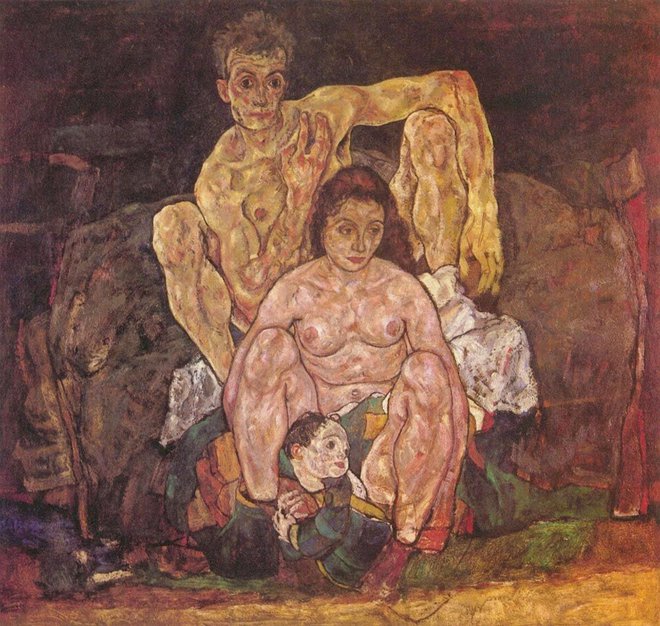 Egon Schiele: Družina Leta 2018 je Schiele začel slikati platno in ga naslovil <em>Družina</em>. Na njem je upodobil sebe, svojo nosečo ženo in otroka, ki naj bi se jima rodil čez tri mesece. Preden je dokončal sliko, je njegova žena zbolela za špansko gripo in umrla, z njo je odšel njun nerojeni otrok, tri dni za njima je za posledicami gripe umrl tudi Schiele. FOTO: Arhiv Dela