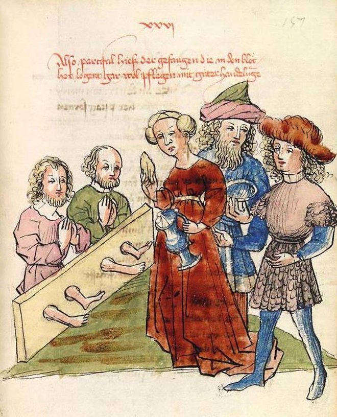Parzival ukaže poskrbeti za ujetnike, vklenjene v klado. Risba iz hagenavskega rokopisa, ki ga hrani Univerza v Heidelbergu.