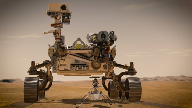 Rover Perseverance in helikopter FOTO: NASA/JPL-Caltech