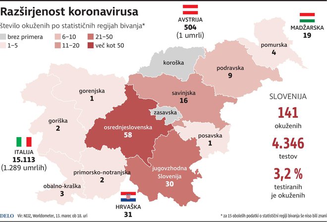 koronavirus po regijah, 13. mar.