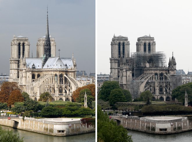 Katedrala Notre Dame pred (levo) in po tragičnem požaru. Benoit Tessier/Reuters