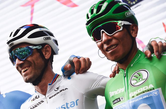 Ekipa Movistar, v kateri moči združujeta Nairo Quintana (desno) in Alejandro Valverde, bi lahko bila trd oreh za Rogliča. FOTO: AFP