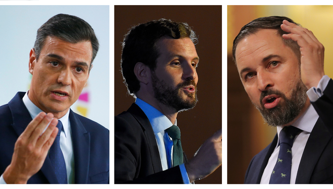 Bo španska politika razbila blokado? Pedro Sánchez (PSOE), Pablo Casado (PP) in Santiago Abascal (Vox).&nbsp;Foto Reuters In Afp