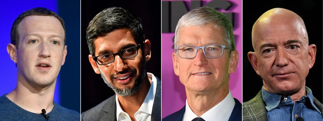 Mark Zuckerberg, Sundar Pichai, Tim Cook in Jeff Bezos. FOTO: Mark Ralston/AFP