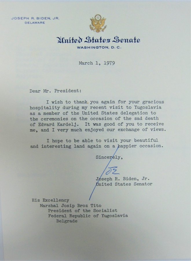 Pismo senatorja Josepha Bidna Josipu Brozu Tito, poslano marca 1979. FOTO: Zzz