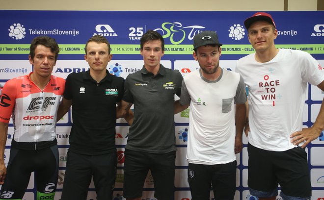 Zveneča imena letošnje dirke (z leve proti desni) - Rigoberto Uran, Rafal Majka, Primož Roglič, Mark Cavendish in Marcel Kittel. Foto Tadej Regent