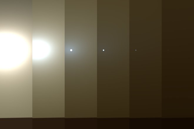 Serija slik, ki prikazujejo, kako se je temnilo nebo zaradi peščenega viharja na Marsu. Prva slika prikazuje sonce sredi popoldneva, zaradi svetlosti je videti večjo, ob motnosti ozračja pa se sonce spremeni v glavo bucike.&nbsp;FOTO: Nasa/JPL