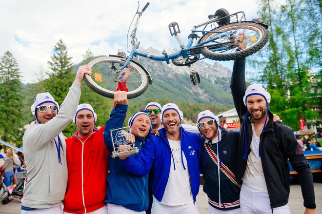 Team The Beli celebrate after winning the Best Team Costume title during the Red Bull Goni Pony in Kranjska Gora, Slovenia on June 4th, 2016. Photo: Jure Makovec // Jure Makovec / Red Bull Content Pool  // P-20160604-01460 // Usage for editorial use only // Please go to www.redbullcontentpool.com for further information. // 