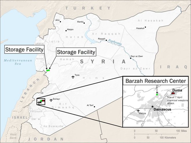 Zemljevid ameriškega raketiranja ključnih ciljev v Siriji. Vir: Ameriško Ministrstvo Za Obrambo