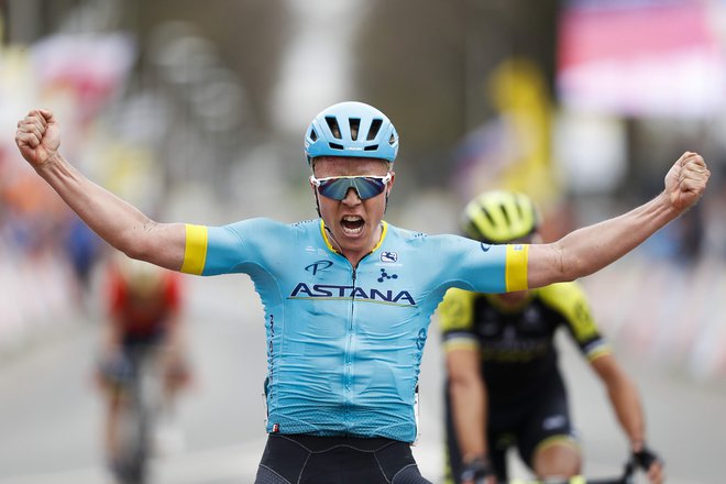 Danish cyclist Michael Valgren Andersen reacts after winning the Amstel Gold Cycling Race in Berg en Terblijt on April 15, 2018./AFP PHOTO/ANP/Marcel van Hoorn/Netherlands OUT
