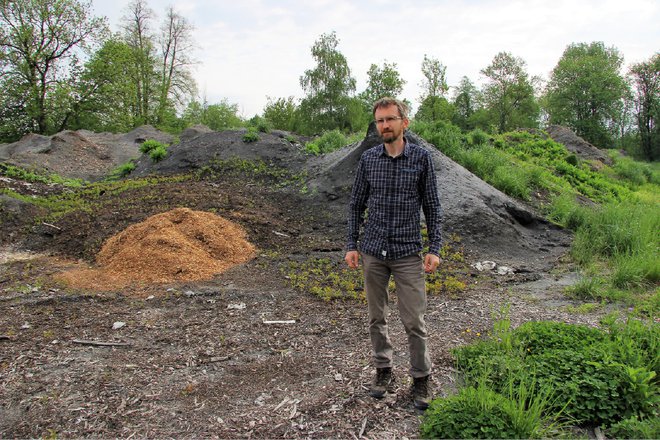 Tomaž Škorjanc na polju, kjer je spravljal lesni pepel, ki ga poldrugo leto ni mogel uporabljati na njivah. FOTO: Brane Piano