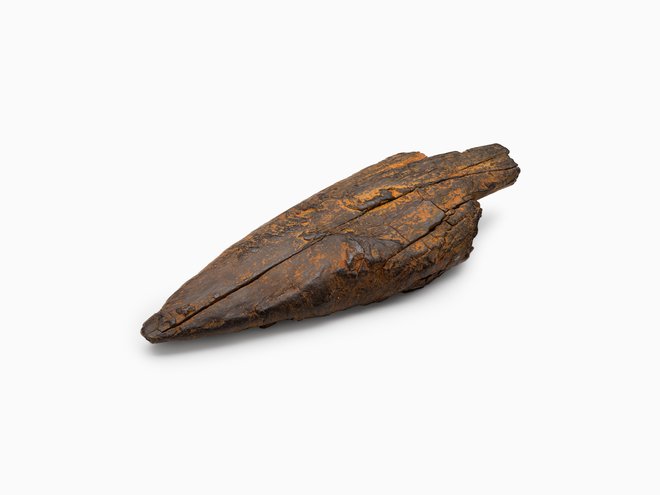 Najstarejši predmet na razstavi je konica iz lesa tise, stara okoli 40.000 let. Uporabljali so jo neandertalci, bodisi za lov bodisi za nabiranje užitnih koreninic. FOTO: Andrej Peunik