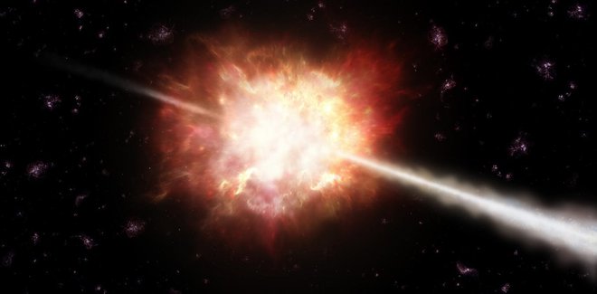 Misija Theseus bo proučevala začetek vesolja tudi s pomočjo izbruhov sevanja gama, ki nastanejo ob eksploziji masivnih zvezd ali ob zlitju dveh nevtronskih zvezd ali nevtronske zvezde in črne luknje. Vir Nasa