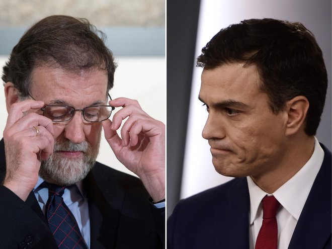 Premier Mariano Rajoy (levo) in vodja največje opozicijske stranke PSOE Pedro Sánchez. FOTO: Pierre-Philippe Marcou/AFP