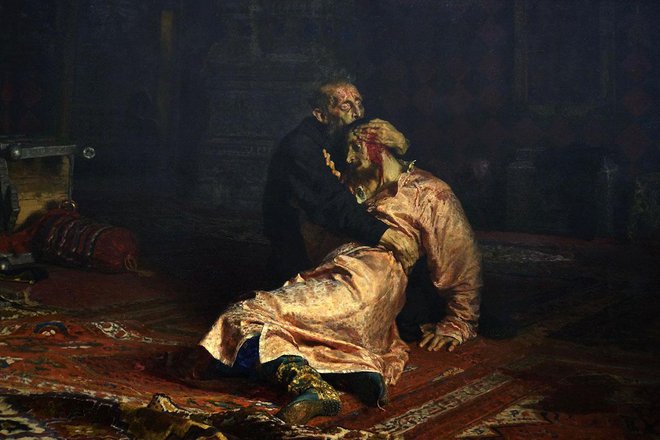 Ilja Repin: Ivan Grozni s sinom 16. novembra 1581. Slika prikazije historičen motiv kontroverznega ruskega carja z umirajočim sinom v naročju. Smrtno ranil ga je sam. FOTO: Wikipedia