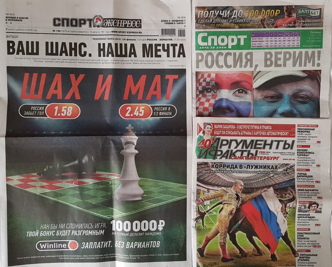 Evforiji so se pridružili tudi ruski mediji, ki na različne načine dvigujejo temperaturo pred četrtfinalno tekmo Rusije in Hrvaške. Foto Jernej Suhadolnik