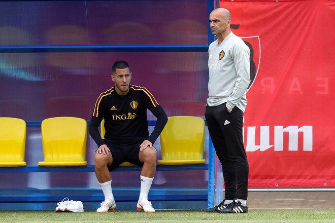 Belgijski dvojec adutov za nov podvig proti Franciji sta selektor Roberto Martinez (desno) in napadalec Eden Hazard.<br />
Foto Reuters