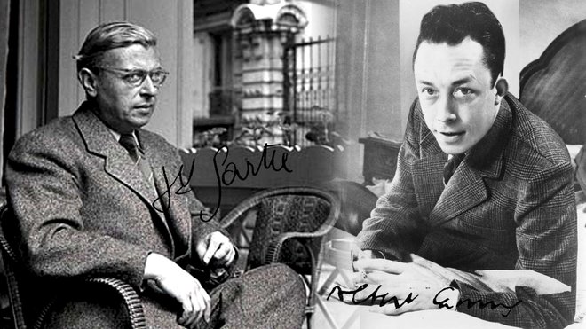 Filozofa in pisatelja Jean-Paul Sartre (levo) in Albert Camus sta bila velika ljubitelja nogometa, Camus je igral v mladinski reprezentanci Francije. FOTO: Wikipedia