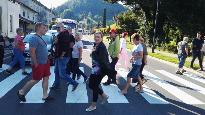 Na prehodu za pešce se je zbralo nekaj deset protestnikov. FOTO: Mateja Kotnik