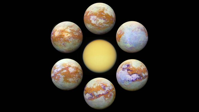 V sredini je Titan, kot je videti v vidni svetlobi. FOTO: NASA/JPL-Caltech/Stéphane Le Mouélic, University of Nantes, Virginia Pasek, University of Arizona