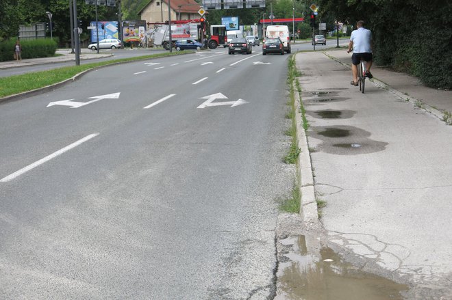 Slabo vzdrževani pločniki in kolesarske steze ob Zaloški cesti so polni luž in razpok, iz obcestnih požiralnikov pa raste trava. FOTO: Janez Petkovšek